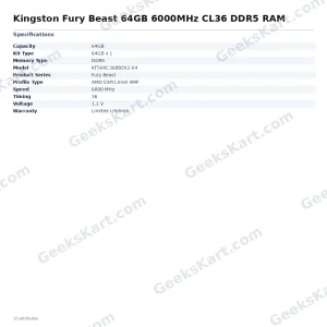 Kingston Fury Beast 64GB 6000MHz CL36 DDR5 RAM