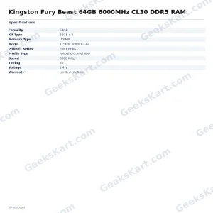 Kingston Fury Beast 64GB 6000MHz CL30 DDR5 RAM
