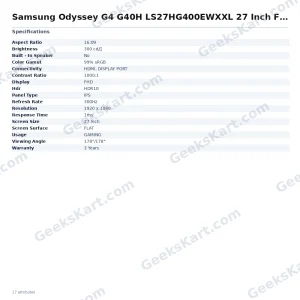 Samsung Odyssey G4 G40H LS27HG400EWXXL 27 Inch FHD Gaming Monitor